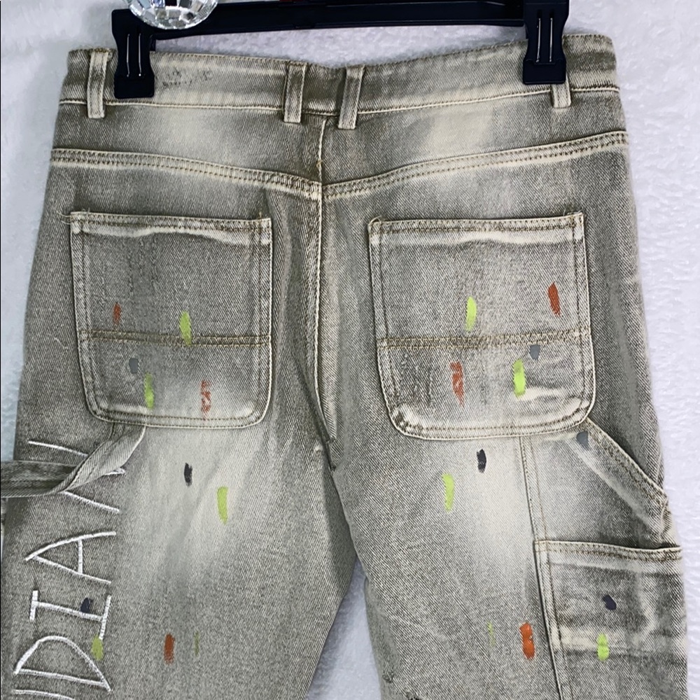 Tan Straight-Leg Jeans with Distressed Artistic Flair - Picture 3 of 8